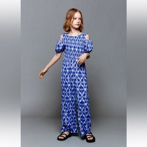 Zara Girl Blue and White Textured Romper